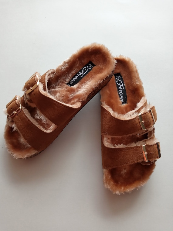 Synthetic fur double strap sandals