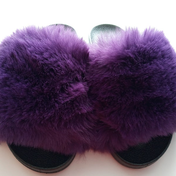 New Sandal, Soft Faux Fur Slide Slipper Open Toe, Slip On , Purple Color "Pick your Size".