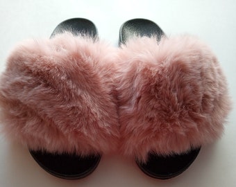 New Sandal, Soft Faux Fur Slide Slipper Open Toe, Slip On , Dusty Rose Color "Pick your Size".