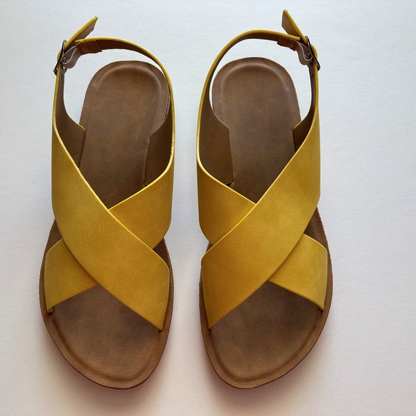 Sandals Soft Footbed, Ankle Strap Buckle, Yellow Color "Pick the Size".