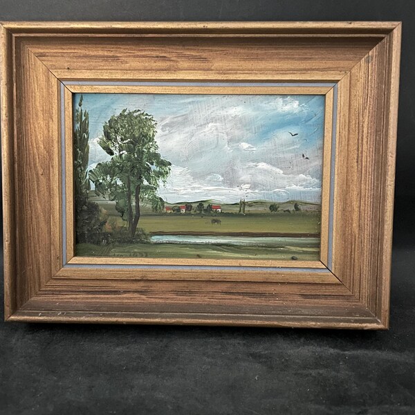 Small original framed oil painting of a landscape