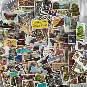 May include: A collection of vintage trading cards featuring a variety of subjects, including nature, animals, and transport. The cards are in various colours and have a worn, vintage look.