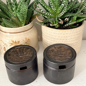 May include: Two small, dark brown, round containers with lids. The lids have a detailed, embossed design. The containers sit in front of two potted succulents with green and white speckled leaves. The pots are beige and have textured surfaces.