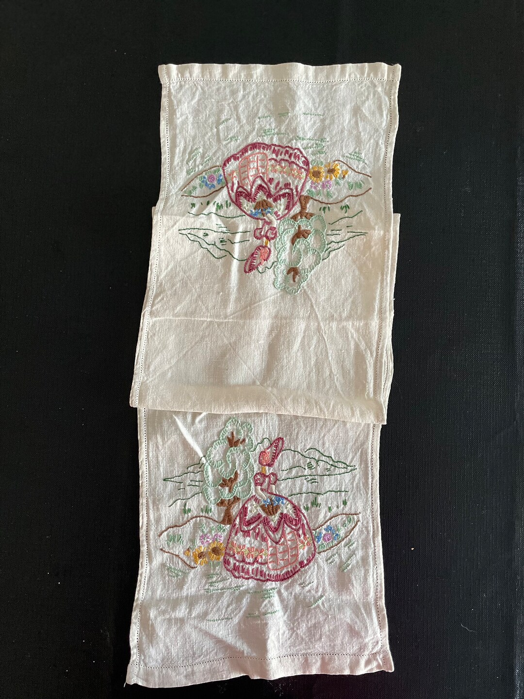 Vintage Embroidered Table Runner With Lady in Crinoline Etsy