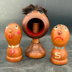 Vintage wooden salt and pepper and nut cracker set