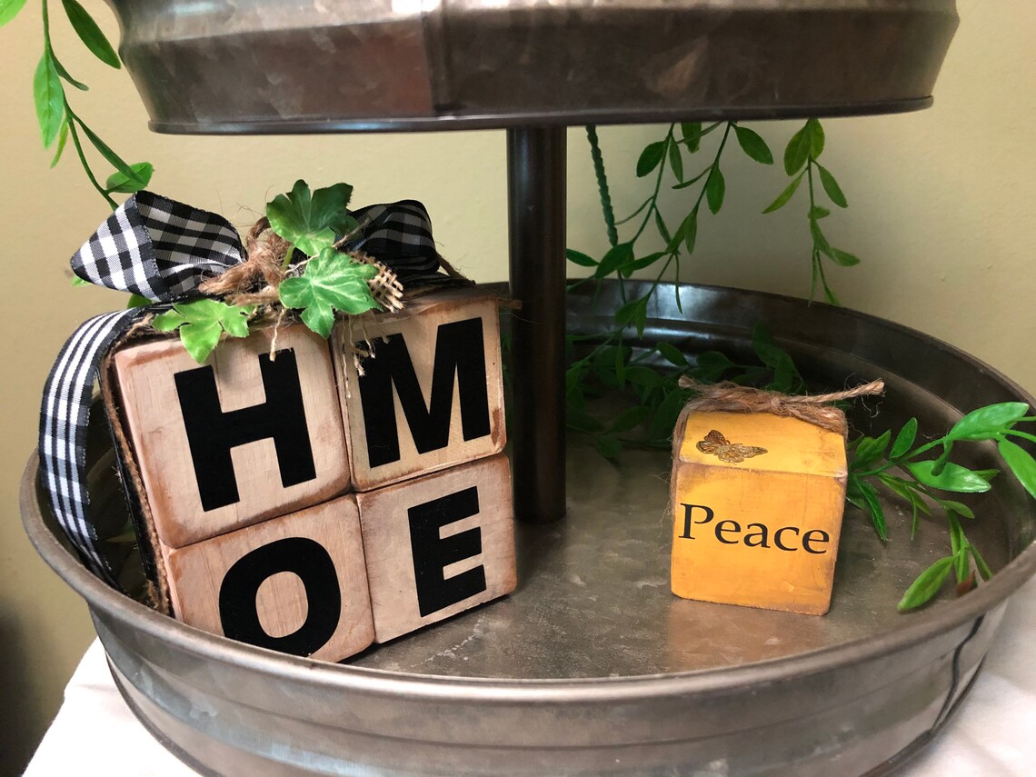 Wood block decor tiered tray decor farmhouse decor rustic Etsy