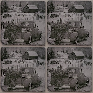Glowforge Laser Ready Design file - Red Truck - Painted Slate Coaster Engraving - TNALaser