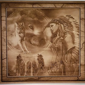 May include: A wood carving of a Native American woman wearing a headdress and a wolf with a dreamcatcher in the background.