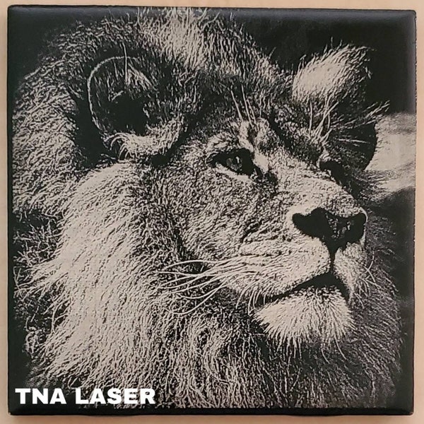 Glowforge Digital Laser Ready Design File - Ceramic Tile Lion - Tile Engrave - PNG - White Tile - Painted Black - Wildlife - Wild Cat -