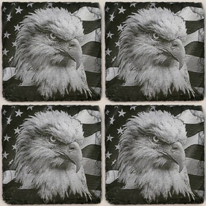 Glowforge laser ready Digital Bald Eagle American Flag File - Painted Slate Coaster engraving - PNG - PDF