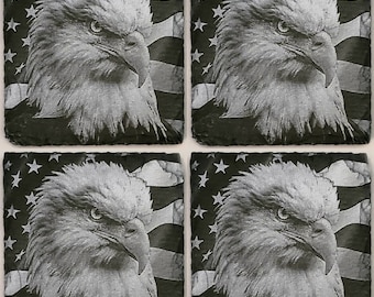 Glowforge laser ready Digital Bald Eagle American Flag File - Painted Slate Coaster engraving - PNG - PDF