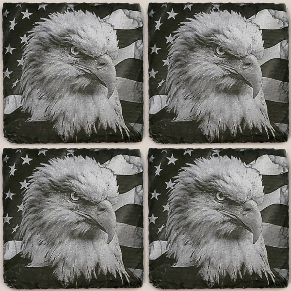 Glowforge laser ready Digital Bald Eagle American Flag File - Painted Slate Coaster engraving - PNG - PDF