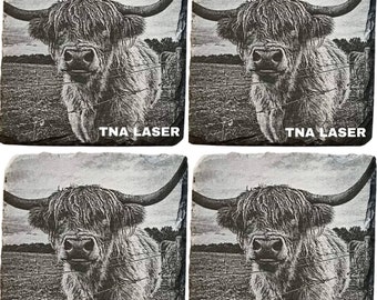 Glowforge Digital Laser Ready Design File - Cow Painted Slate Coaster - Engrave File - PNG - Wildlife Animal - Farming - Cattle - highland