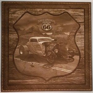 Glowforge Digital Laser Ready Design File - Rt. 66 Hotrod - Wood Engrave File - SVG - PDF - Route 66 - American Muscle - America&#39;s Highway -