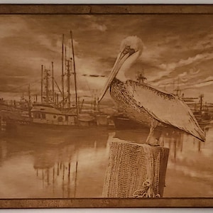 Glowforge laser ready file Pelican with boats wood engraving