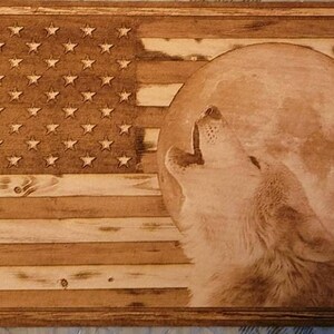 Glowforge Digital Laser Ready Design File - Howling Wolf American Flag - Wood Engrave File - SVG - PDF - PNG - Wildlife - Wolves - Full Moon