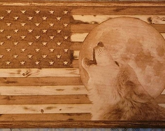 Glowforge Digital Laser Ready Design File - Howling Wolf American Flag - Wood Engrave File - SVG - PDF - PNG - Wildlife - Wolves - Full Moon