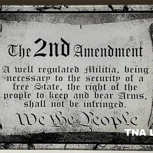 Puede incluir: Una imagen en blanco y negro de la Segunda Enmienda de la Constitución de los Estados Unidos. El texto dice: "The 2nd Amendment. A well regulated Militia, being necessary to the security of a free State, the right of the people to keep and bear Arms, shall not be infringed. We the People. TNA LASER."