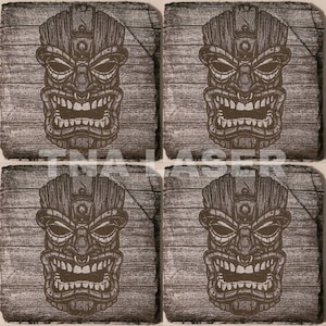 Glowforge Digital Laser Ready Design File - Tiki Slate Coaster - Slate Painted White Engrave File - PNG - Islander - Tiki God - Beach - Art