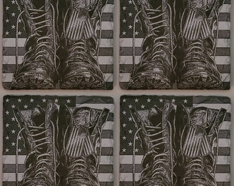 Glowforge laser ready digital  design file -  Military Boots Honor -  Painted Slate coaster engraving - TNALaser