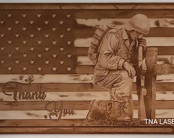 Glowforge Digital Laser Ready Design-fil - Militär soldat Amerikansk flagga - Trägravyrfil - SVG - PDF - PNG - Tack - TNALaser