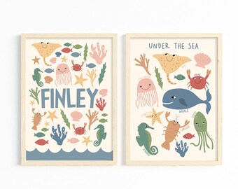 Under the Sea Print Set | Personalised Print Set | Name Print | Nursery Wall Art | Ocean Decor | Sea Life Print