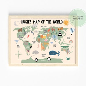 Children’s World Map | Various Colours and Personalised | Animal World Map | Personalised Map | Nursery Wall Art | Kids’ Prints