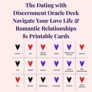 Cartes Oracle imprimables / Rendez-vous avec discernement, reconnaissez les signaux d'alarme et faites confiance à votre intuition / Relations amoureuses et amoureuses / 81 cartes / PDF