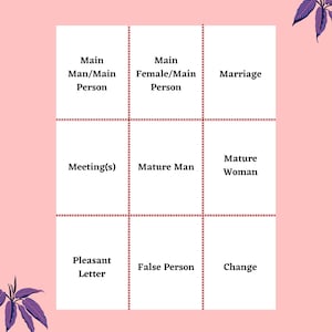 May include: A white grid with black text. The grid has nine squares. The text in the squares reads: Main Man/Main Person, Main Female/Main Person, Marriage, Meeting(s), Mature Man, Mature Woman, Pleasant Letter, False Person, Change.
