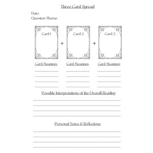 May include: A white tarot card spread template with the title "Three Card Spread". The layout includes spaces for three cards, card meanings, and notes. Text includes "Date", "Question/Theme", and "Possible Interpretations".