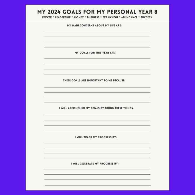 2024 Personal Year 8 Goals Worksheet Template / Numerology / Money