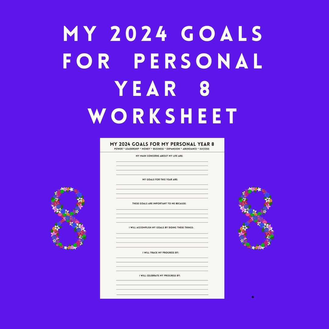 New Year's Eve 2024 Personal Year 8 Goals Worksheet Template