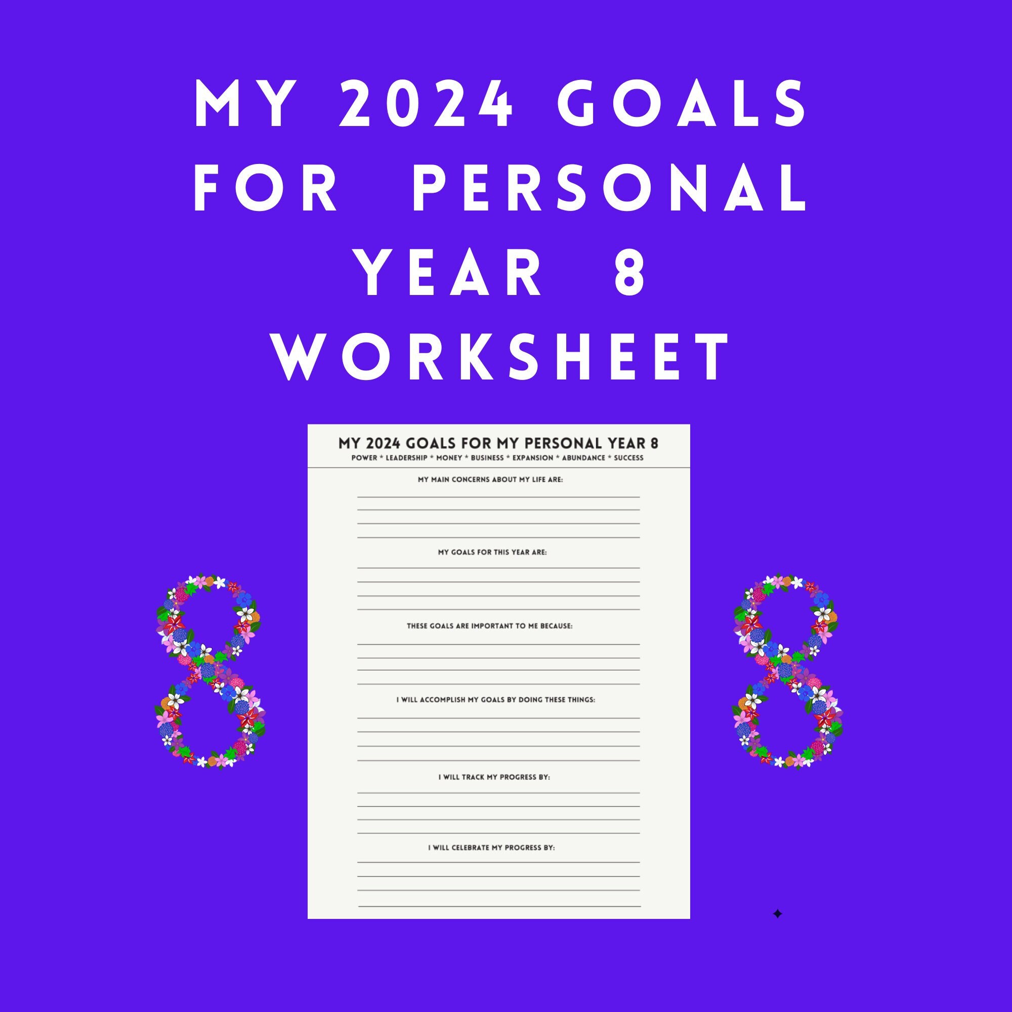 New Year's Eve 2024 Personal Year 8 Goals Worksheet Template