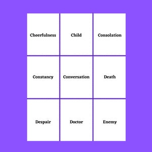Puede incluir: Una cuadrícula de nueve cuadrados blancos con texto negro. Cada cuadrado contiene una palabra: Alegría, Niño, Consolación, Constancia, Conversación, Muerte, Desesperación, Doctor, Enemigo.