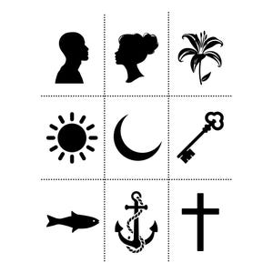 Puede incluir: Gráfico en blanco y negro con nueve símbolos: perfiles masculinos y femeninos, un lirio, un sol, una luna creciente, una llave, un pez, un ancla y una cruz. Los iconos están dispuestos en una cuadrícula, todos en negro sobre fondo blanco.