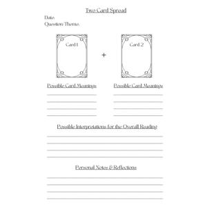 May include: A white tarot card spread template with the title "Two Card Spread" at the top. The template includes spaces for "Date," "Question/Theme," and two card layouts labeled "Card 1" and "Card 2." Below are sections for "Possible Card Meanings," "Possible Interpretations," and "Personal Notes & Reflections."