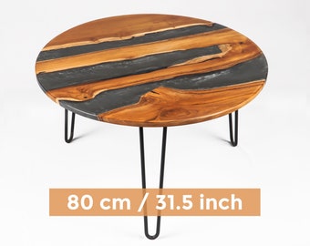 31" Epoxy Resin River and Live Edge Teak Wood Gray Pearl Color Round Coffee Top Table Rustic Natural Bali FREE SHIPPING