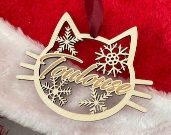 Boule de noël chat personnalisée en bois