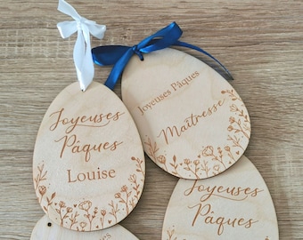 Œufs de Pâques en bois, fleurs, cadeau maîtresse, nounou, atsem, personnalisé