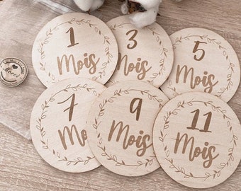 Tarjetas de hitos de bebé de madera, regalo de nacimiento, personalizado, 12 meses de doble cara