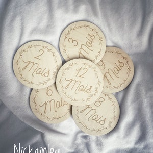 Tarjetas de madera con hitos para bebés, regalo de nacimiento, personalizadas, de doble cara, 12 meses Modèle 2 Nickainley