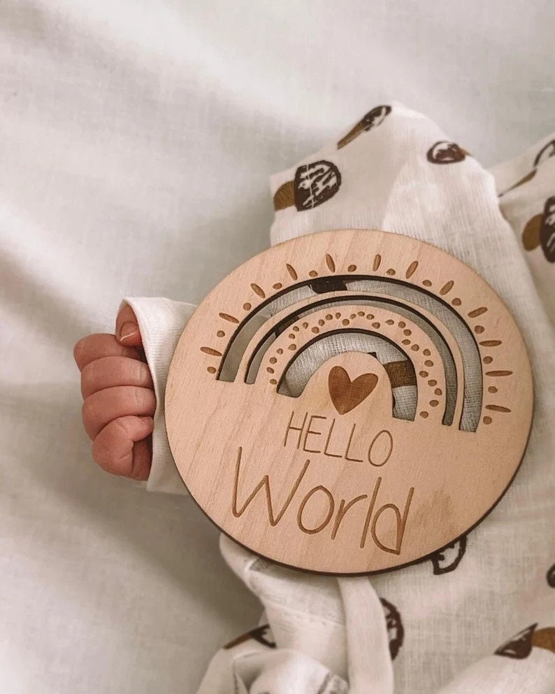 Tarjetas de madera con hitos para bebés, regalo de nacimiento, personalizadas, de doble cara, 12 meses 6carteR/V+helloworld