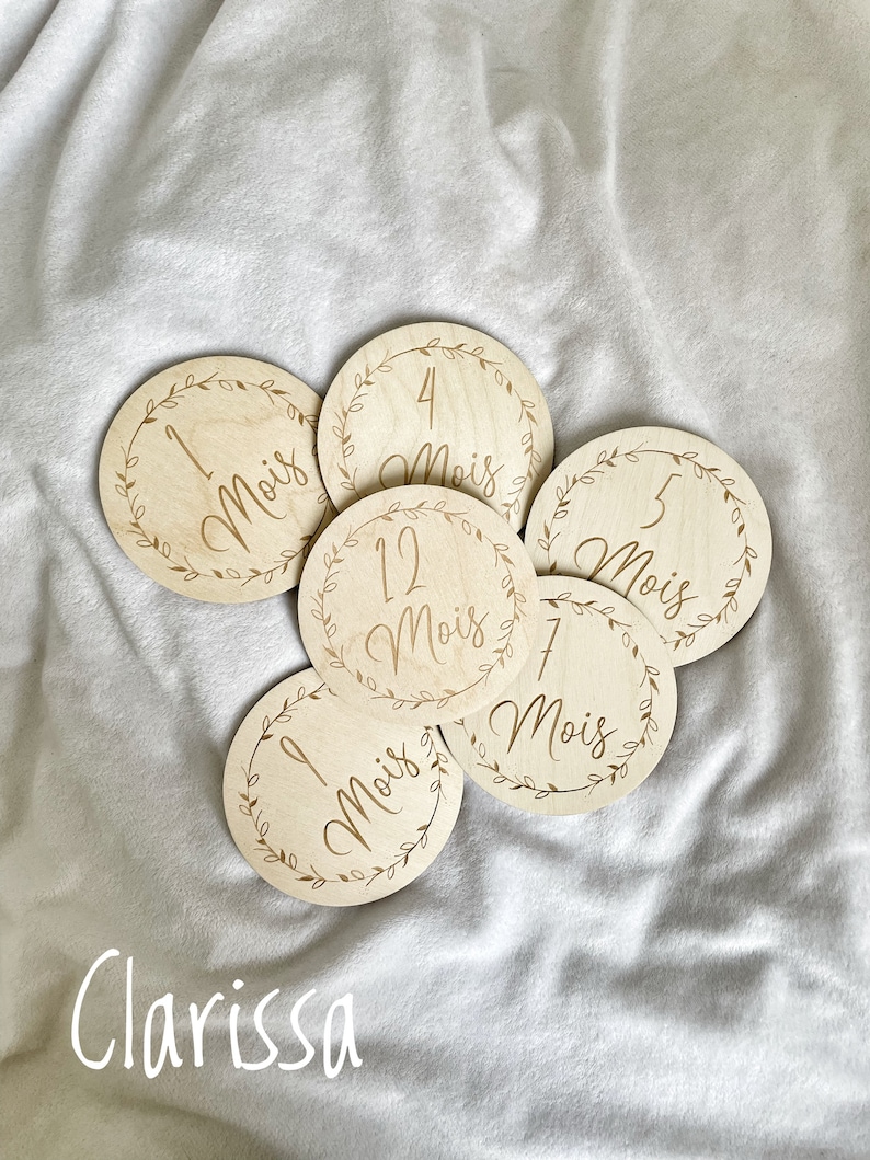 Tarjetas de hitos de bebé de madera, regalo de nacimiento, personalizado, 12 meses de doble cara Modèle 2 Clarissa