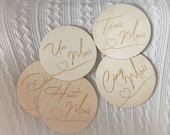 Cartes étapes cœur en bois / Cadeau de naissance / Pack de 6 recto-verso