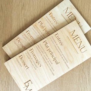 Menú de madera personalizado - Grabado a láser para bodas, bautizos, restaurantes o eventos - Decoración de mesa natural
