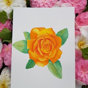 Levendige oranje roos aquarel - originele kunst schilderij.