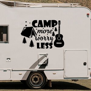 Camp More Worry Less Quote RV Decal, Camper Vinyl Sticker, Decor Motorhome, USA Travel Trailer Decals, Front Door Decal