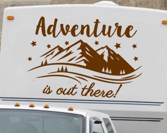 Adventure is out there Quote RV Decal - Happy Camper Vinyl Sticker - Decor Motorhome - RV Sticker Campervan - Mountain and Treeline Decal