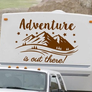 Adventure is out there Quote RV Decal - Happy Camper Vinyl Sticker - Decor Motorhome - RV Sticker Campervan - Mountain and Treeline Decal