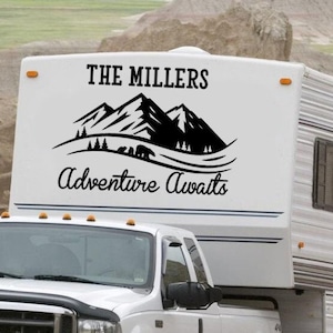 Personalized Adventure Awaits Quote RV Decal - Mountains Travel Custom Camper Vinyl Sticker - Decor Motorhome - RV Trailer Sticker